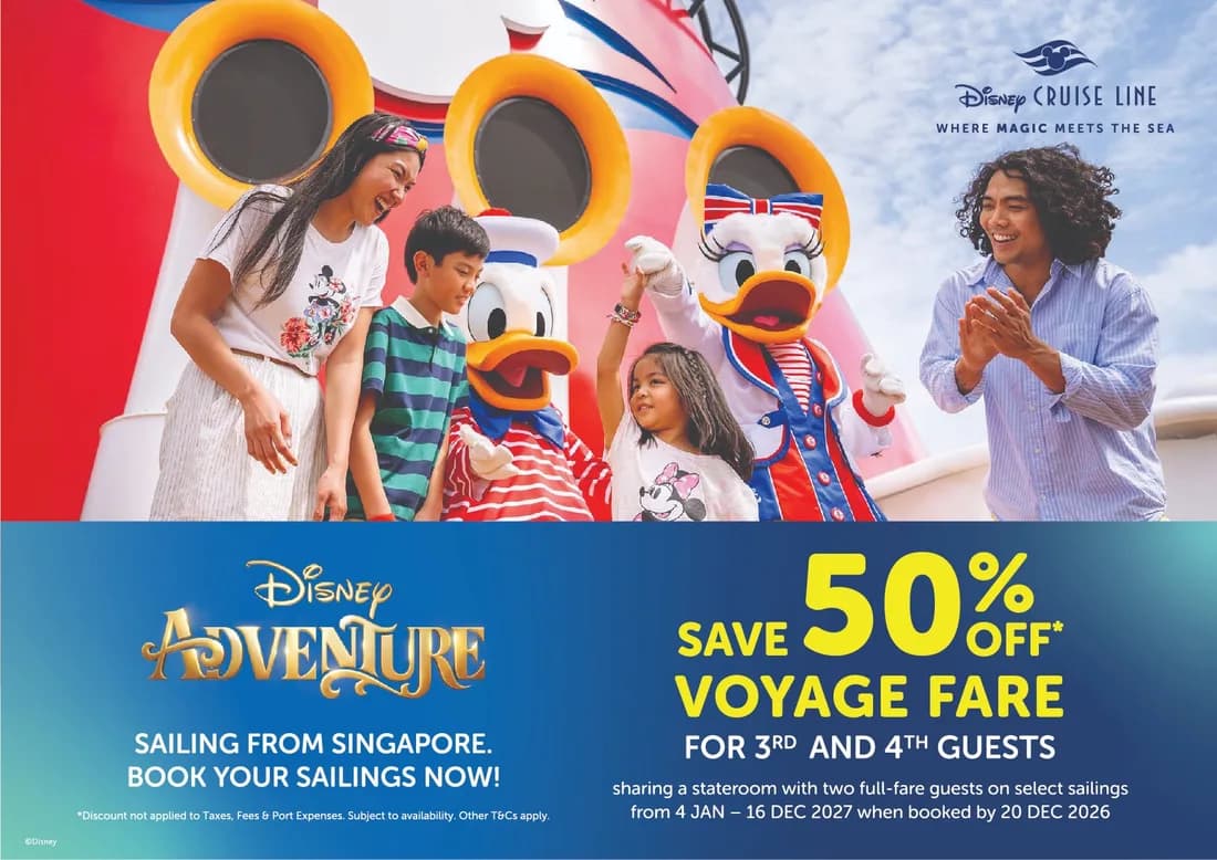 Disney Adventure ลด 50% ค่าเรือสำหรับผู้โดยสารคนที่ 3 และ 4 ในห้องเดียวกัน